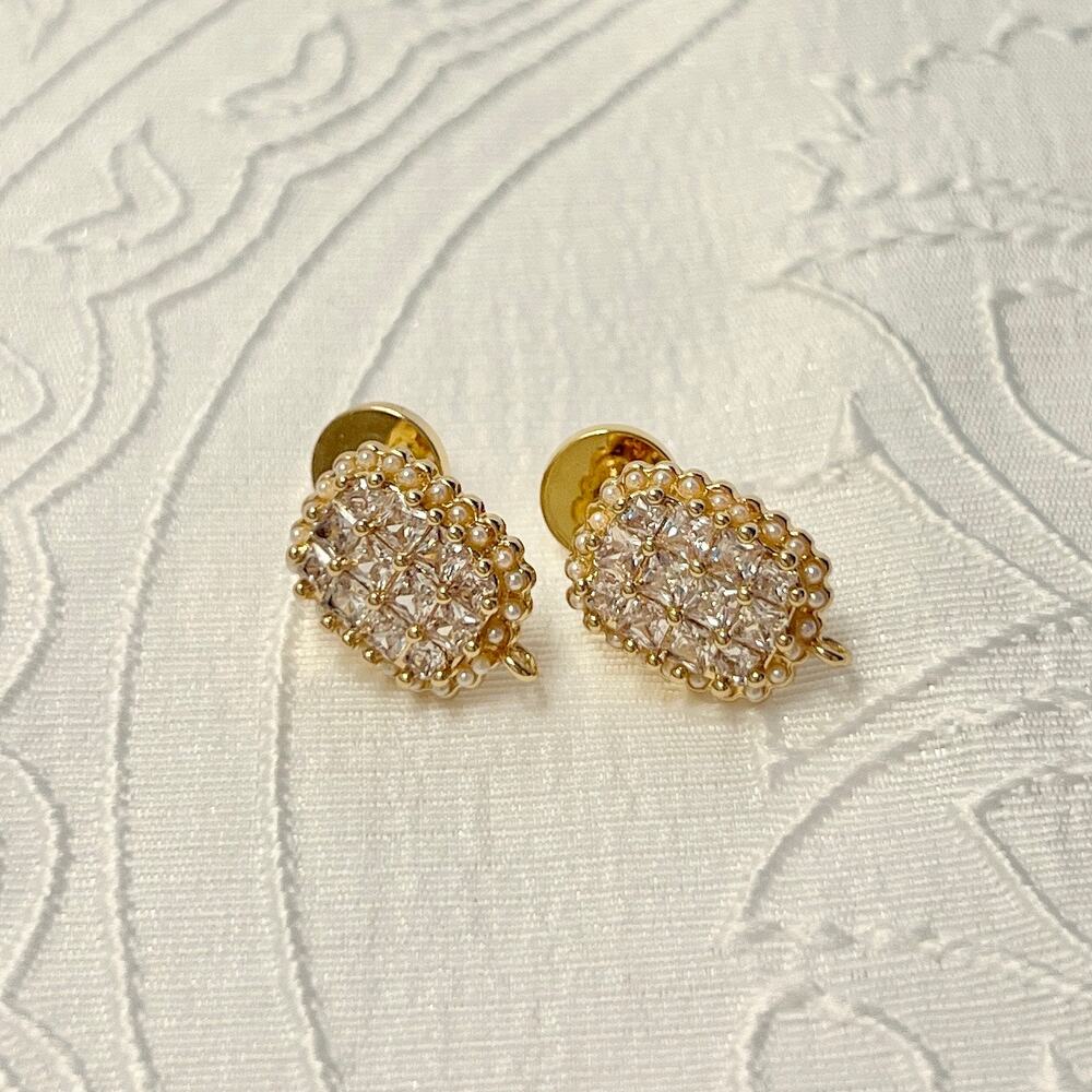 Gold Plated Diamond Grid and Pearl Earrings Dressy Elegant for Work and Parties